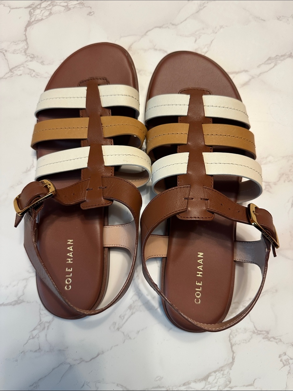 Cole Haan Brown, White & Tan Multi-Stripe Leather Sandals